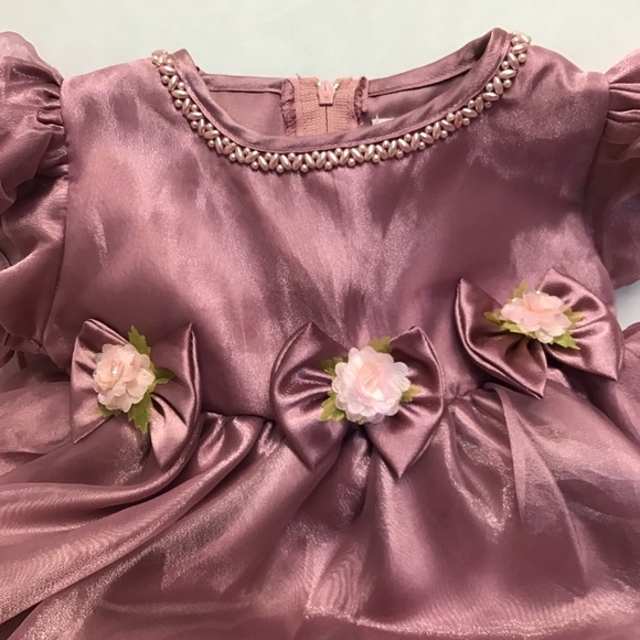 fancy baby dress & pantaloons soft sheer pale raspberry beads flowers 12/18 - Picture 3 of 10